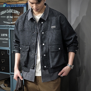 2026春季新款假两件拼接夹克男宽松衬衫式上衣春秋翻领工装风外套