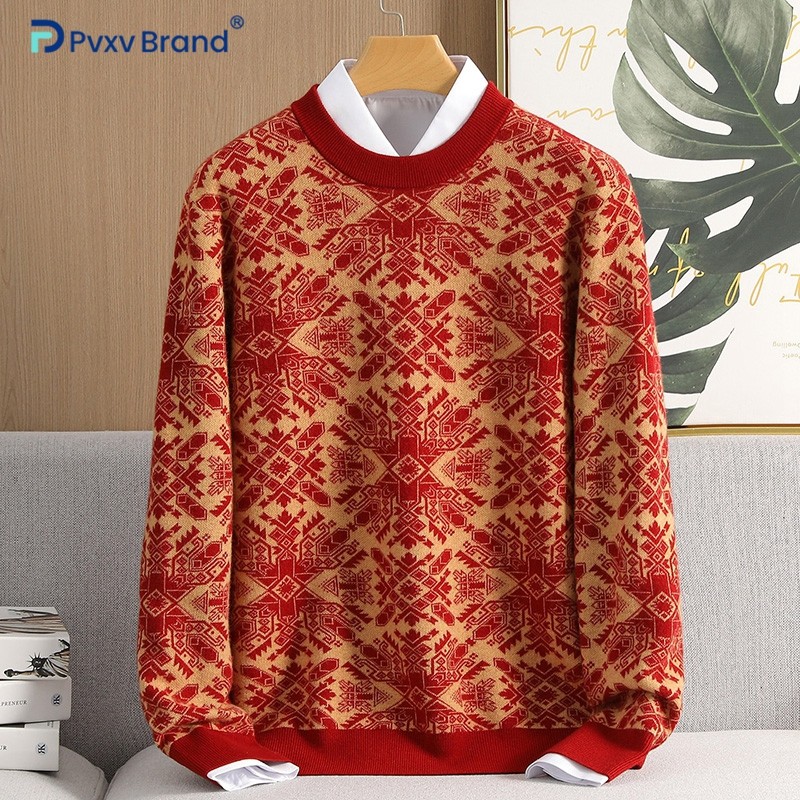 羊毛衫100%纯羊毛衫男士时尚2026新款冬季打底衫内搭国风红毛衣男