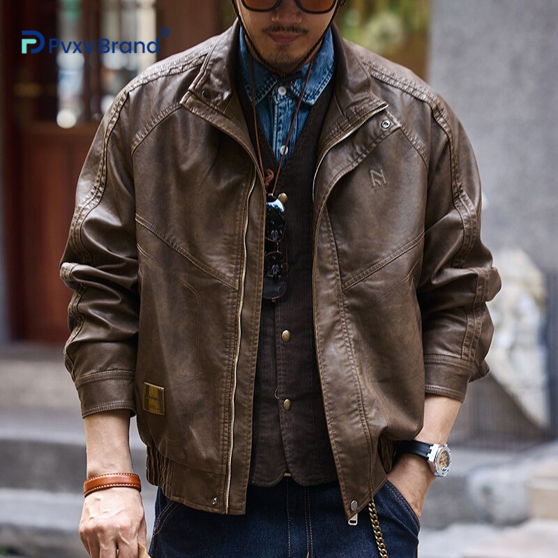 美式复古高级感做旧PU皮衣男士秋季工艺加绒加厚美式痞帅耐磨夹克
