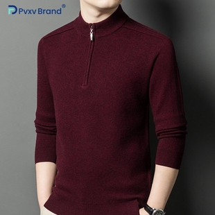 100%纯羊毛衫男士毛衣冬季加厚保暖半高领新款打底爸爸红色针织绒
