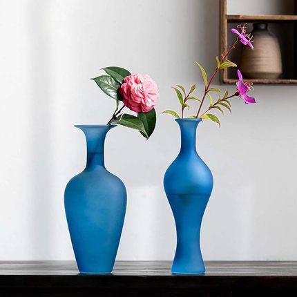 仿宋雀蓝色玉净瓶磨砂玻璃花器透明中式复古文人书房茶室花瓶摆件