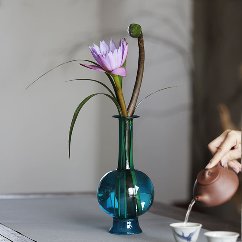 孔雀蓝新中式简约玻璃花瓶禅意琉璃花器插花净瓶家居客厅装饰摆件
