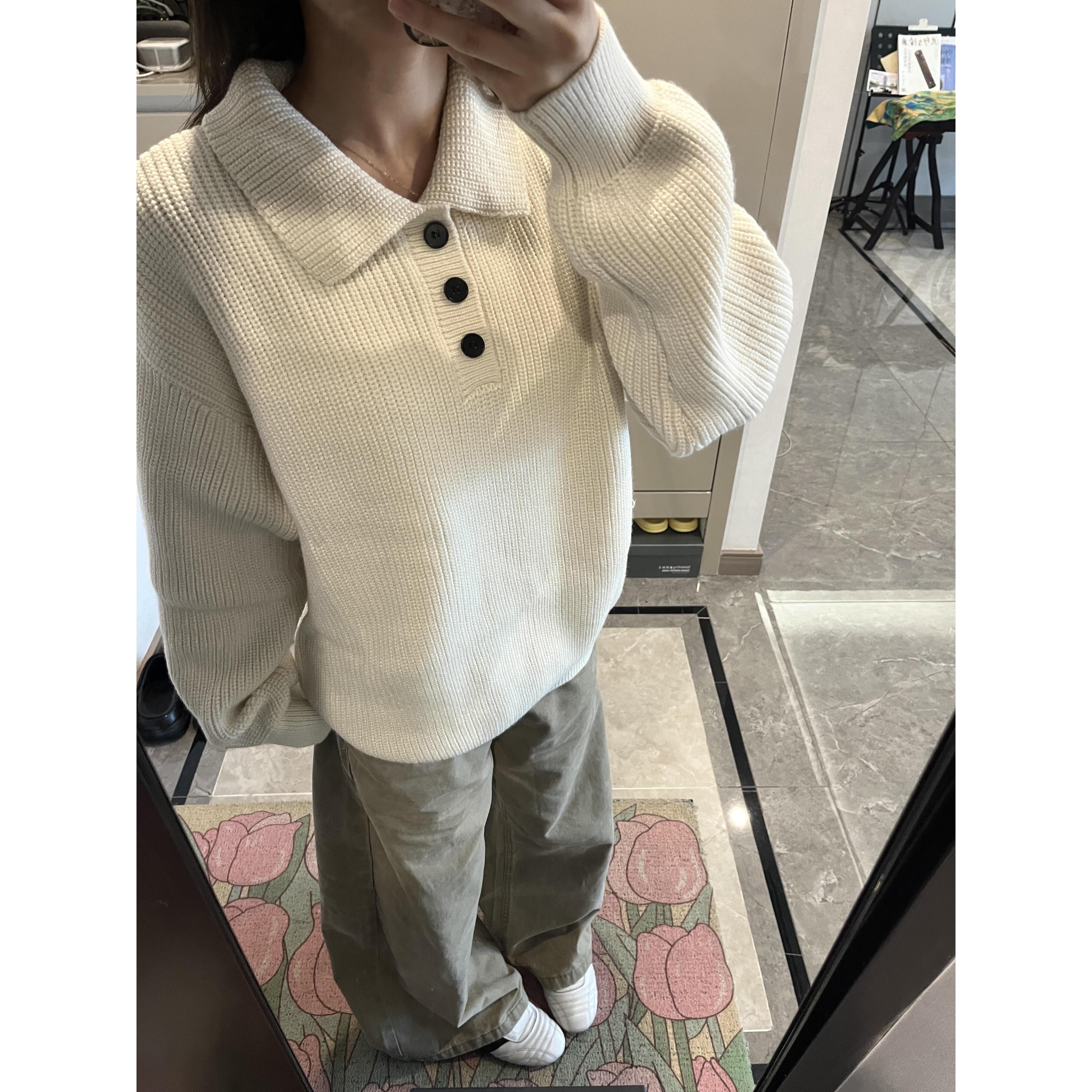 美式复古polo翻领米白色毛衣女秋冬宽松慵懒风套头粗针针织衫上衣