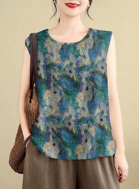 深圳南油轻奢高端货~2025新款夏季遮肚无袖背心女圆领印花妈妈装