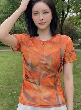 双层网纱橙色T恤外穿爆款显瘦洋气时尚圆领夏天新款印花短袖上衣