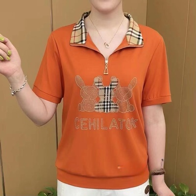 夏季新款时尚字母烫钻拉链短袖上衣宽松显瘦百搭妈妈女装T恤小衫