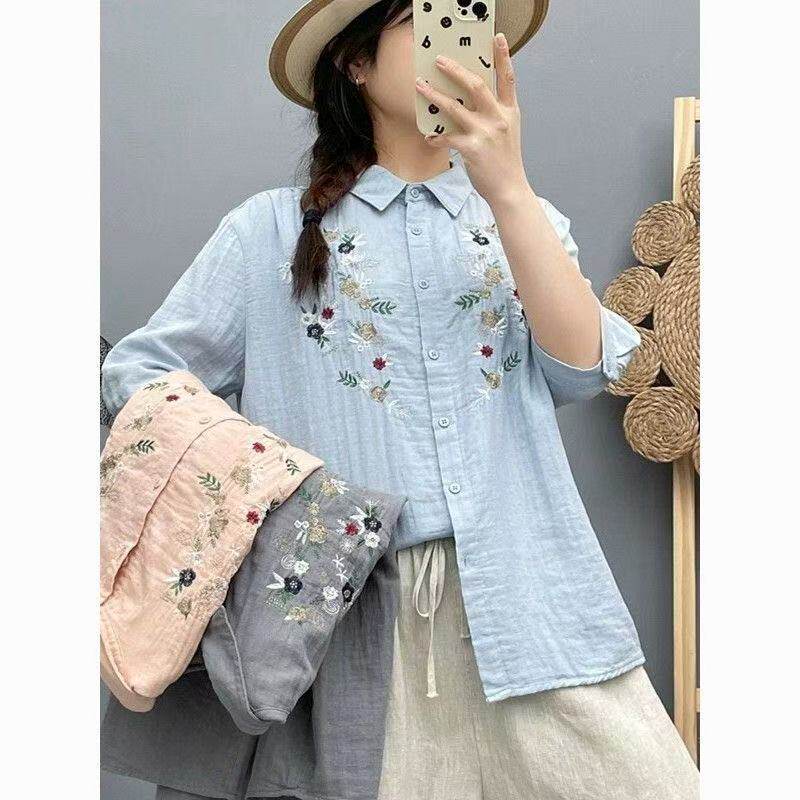 深圳南油轻奢高端货~新中式国风刺绣衬衫女夏季新款五分短袖上衣