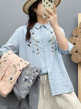 深圳南油轻奢高端货~新中式国风刺绣衬衫女夏季新款五分短袖上衣