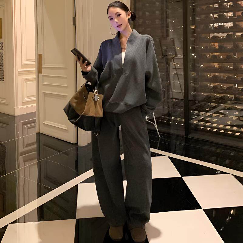 秋冬季宽松韩版时尚卫衣阔腿长裤休闲两件套高级感运动服套装女