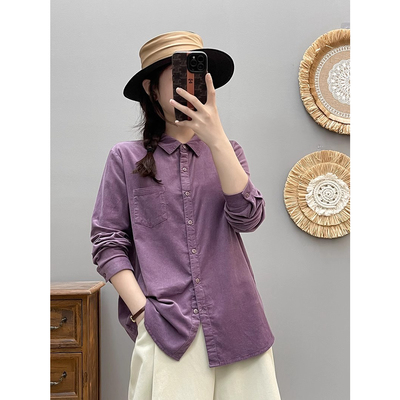 棉麻2025初秋复古文艺全棉百搭衬衫女长袖休闲娃娃领棉麻衬衣上衣