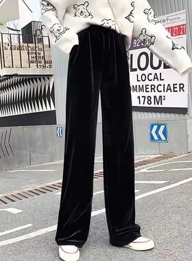 捡漏~2025新款阔腿裤女高腰坠感金丝绒运动休闲宽松直筒长裤