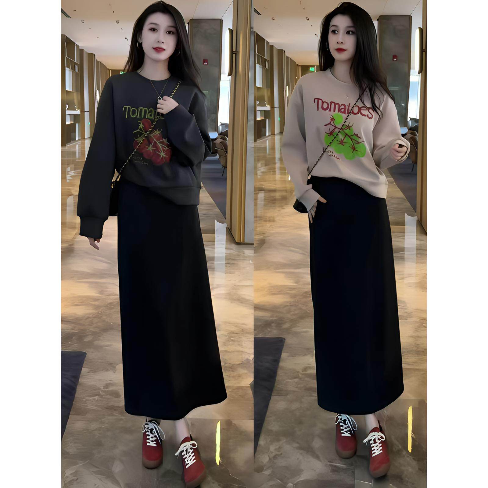 时尚套装女2026秋季新款番茄刺绣圆领卫衣半身裙显瘦减龄两件套潮