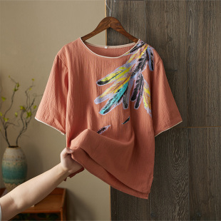 高端衬衫 复古文艺印花宽松飘逸宽松显瘦薄款 女上衣 新款 棉麻夏季