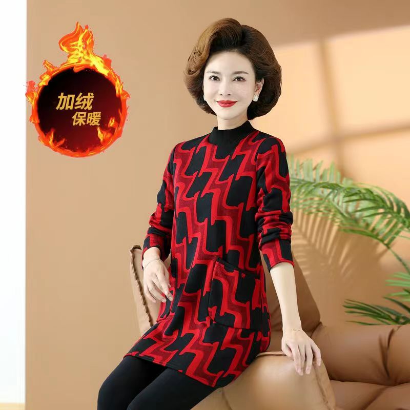 广州十三行高端爆款~半高领卫衣中年妈妈中长款宽松打底衫女绒衫