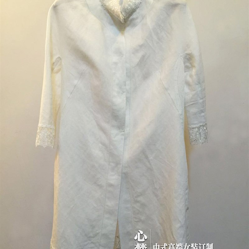 春季单品 中式衣服内搭白色蕾丝打底衬衫开襟开S叉全棉中长款裙袍