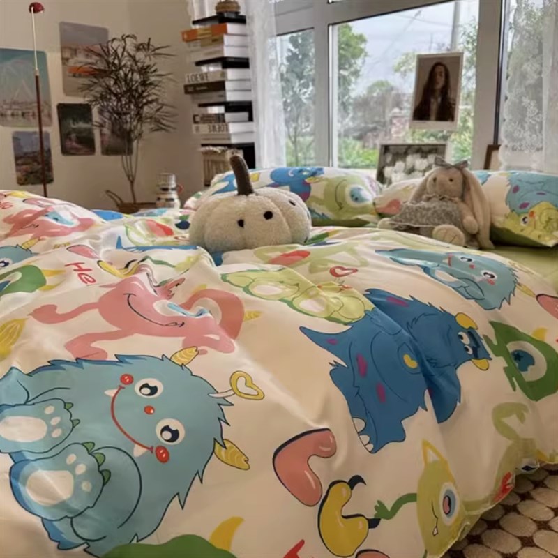 可爱字母熊四件套春夏卡通床上用品D水洗棉床单被套三件套学生宿