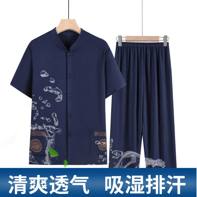 老爷爷开衫棉绸短袖套装60岁70男装夏季睡衣老年人爸爸休闲薄唐装