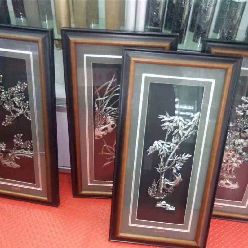 梅兰竹菊a银画纯银 客厅餐厅沙发背景墙装饰挂画四联画壁画银版画