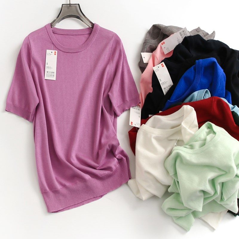 纯色软糯亲肤薄款圆领显瘦气质通勤夏季新款短袖百搭女针织衫D349