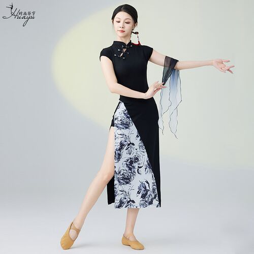 古典舞旗袍舞蹈服新中式弹力身韵旗袍黑色连O衣裙显瘦中国舞练功