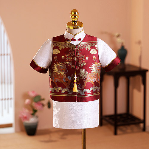一周岁礼服男宝宝套装中国u风男童生日唐装婴儿抓周宴中式红色夏