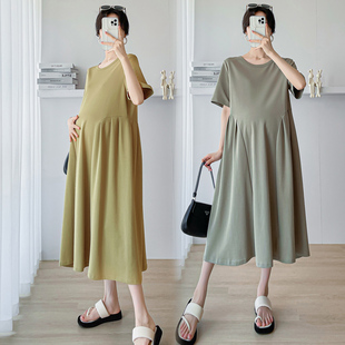 孕妇连衣裙夏装2023新s款韩版宽松通勤孕妇装圆领A字裙夏天裙子女