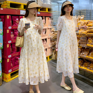 孕妇连衣裙雪纺碎花仙女裙夏季薄款孕妇装宽松遮肚W中长款夏天裙