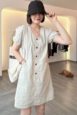 法式连衣裙女中长款韩版夏季2023新款宽松棉麻高级感小个子a字裙