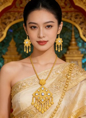 民族风金色红钻首饰套装少数民族合金流苏吊坠耳环项链两件套配饰