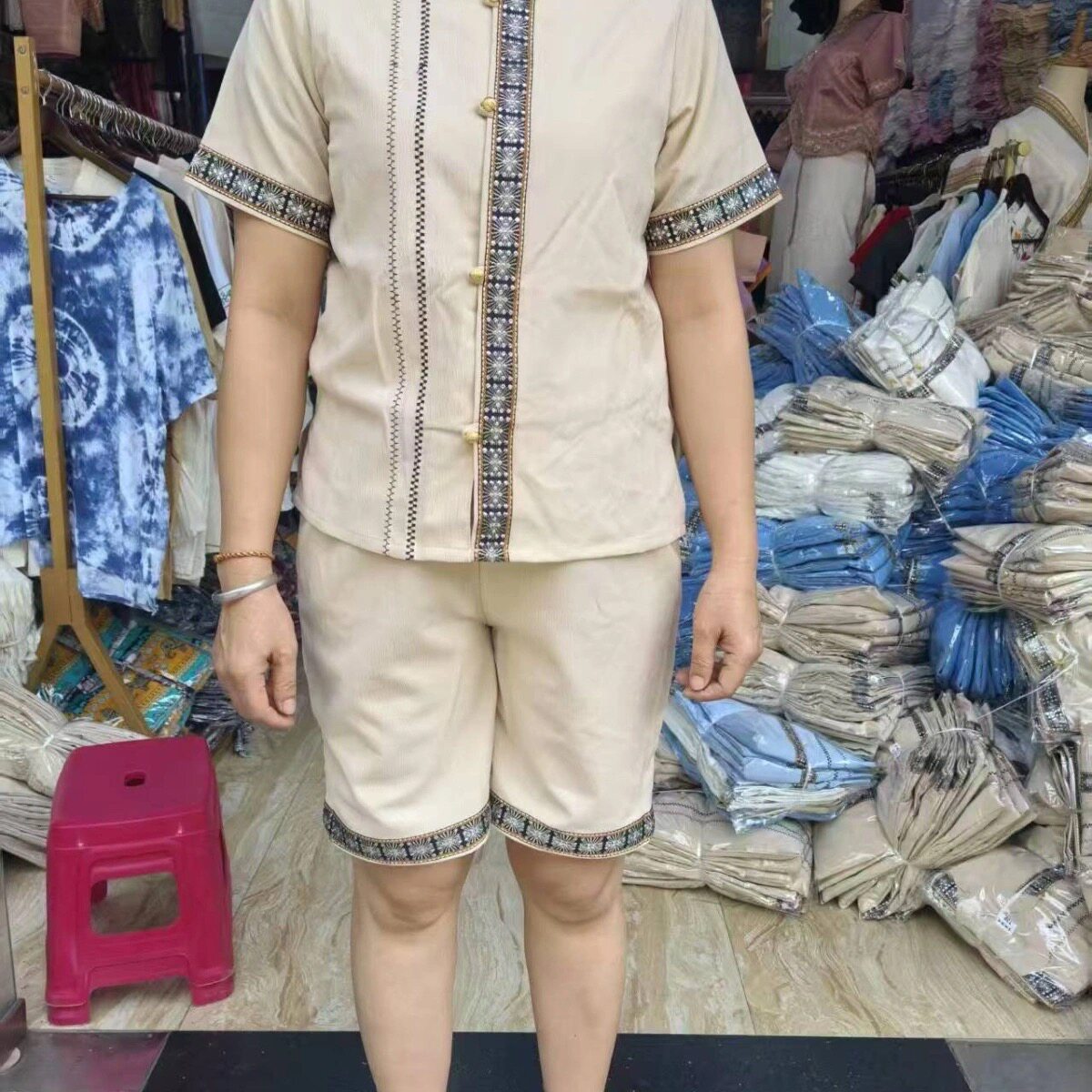 云南傣族服装男童套装泼水节旅游新中式立领短袖短裤亲子套装表演