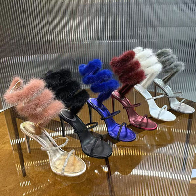 RC高跟鞋粉色兔毛蛇形水钻缠绕毛毛细高跟凉鞋婚鞋伴娘鞋大码鞋