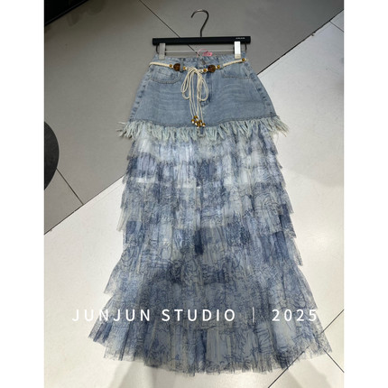 JUNJUN-STUDIO】A字流苏设计感拼接半身裙(配腰绳)  1483#  LHHH