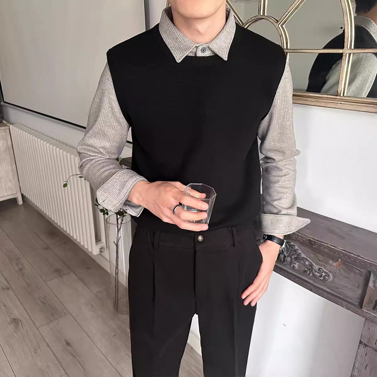 冬季加厚款保暖毛呢拼接假两件衬衫领毛衣男长袖修身休闲针织衫男