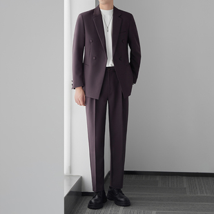 轻熟风潮流休闲痞帅男装 双排扣西服单件男春秋季 纯色西装 修身 韩版