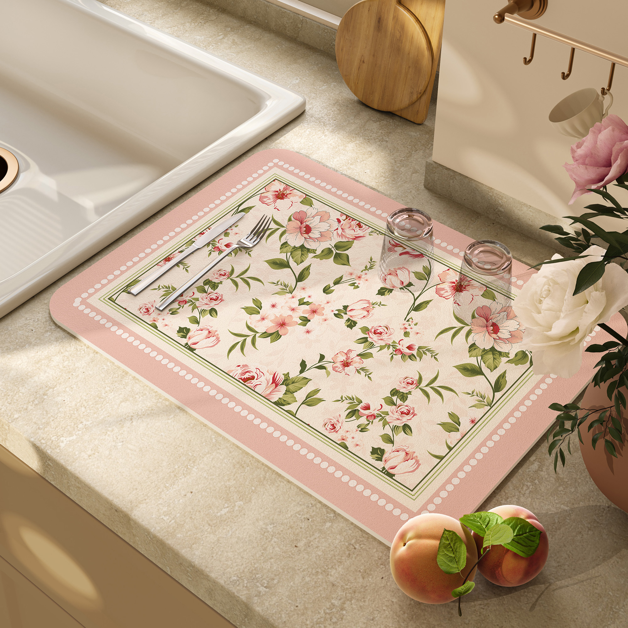 美式花卉轻奢厨房台面沥水垫硅藻泥速干吸水洗手台水槽吧台垫