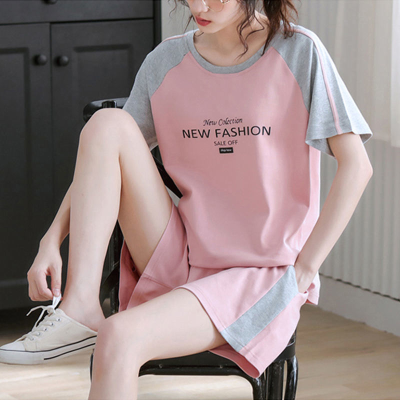 A100%纯棉运动套装女2023夏新款韩版时尚宽松短袖短裤休闲两件套