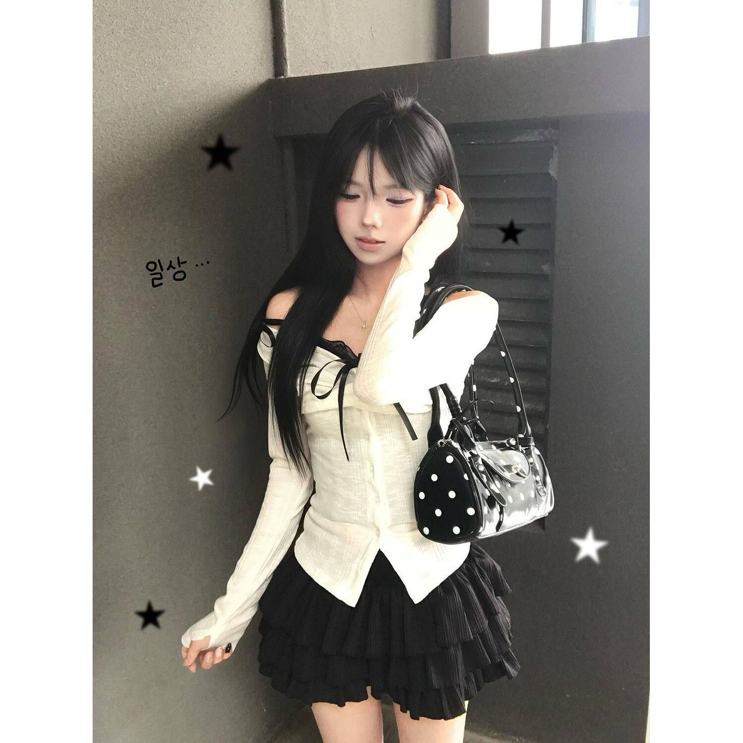 芭蕾练习生 韩系温柔少女感长袖露肩上衣+黑色内搭+短裙三件套女