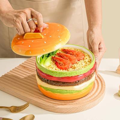 汉堡泡面碗带盖的陶瓷碗女生高颜值大碗方便面碗个人专用螺蛳粉碗