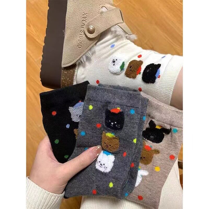 绒小熊头像卡通棉袜小点点少女袜