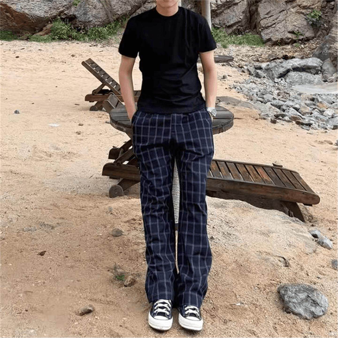 美式复古格子直筒休闲裤
