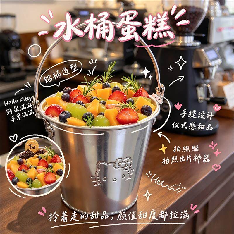 水桶蛋糕！可爱猫咪不锈钢手提桶网红烘焙店拍照打卡跟风引流神器