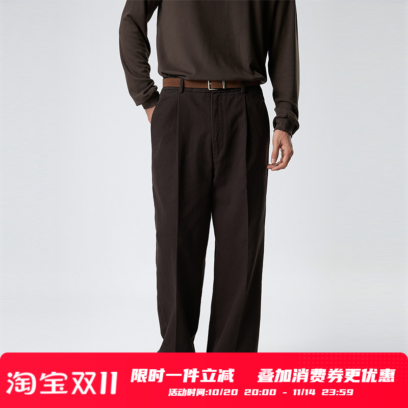TUTM男装 水洗款棕色休闲西裤男士春秋季2024新款宽松直筒西装裤