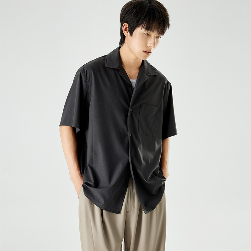 TUTM男装【抗皱免烫】竹浆纤维面料纯色古巴领衬衫男夏季短袖衬衣