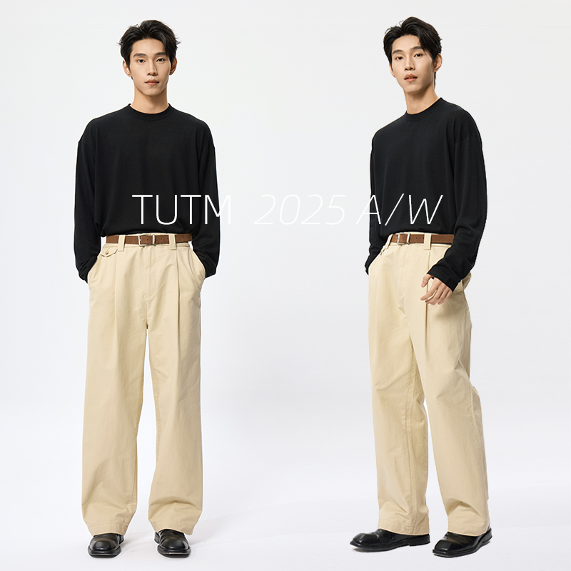 TUTM男装 纯棉水洗单褶休闲裤宽松直筒裤休闲百搭新款卡其色长裤