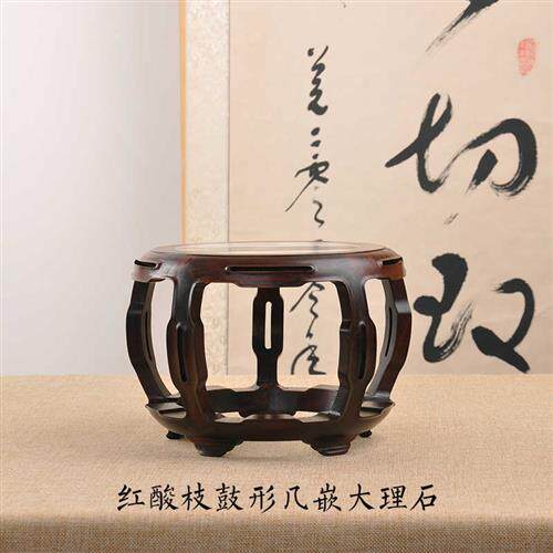 红木雕工艺品黑檀酸枝镶大理石花瓶底座实木圆形花盆盆景摆件底座