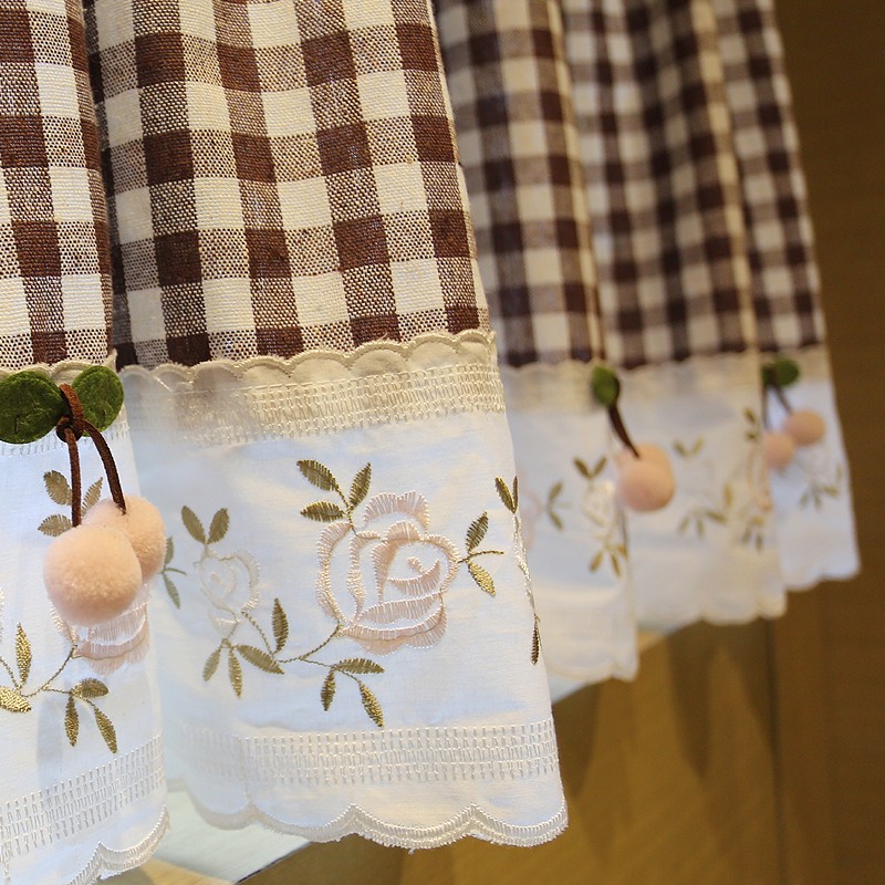 鸢尾乡旅美式咖格粉樱桃半帘窗帘