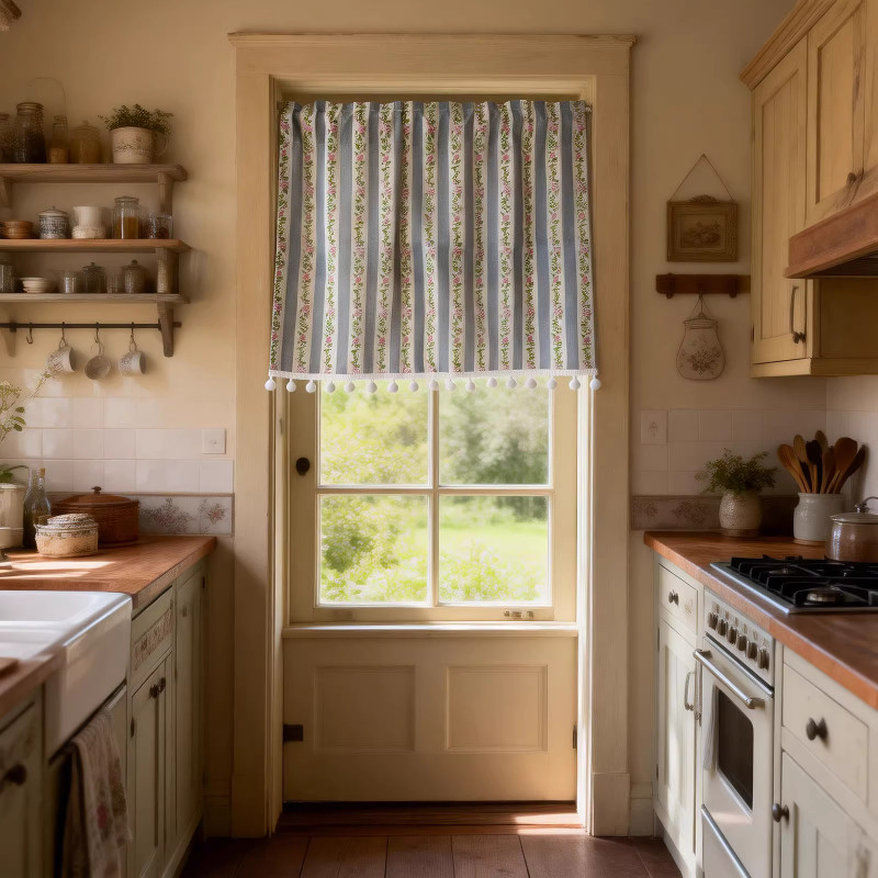 紫陌~南法梦~通往花房小径玫瑰碎花复古厨房美式半帘门帘窗帘定制