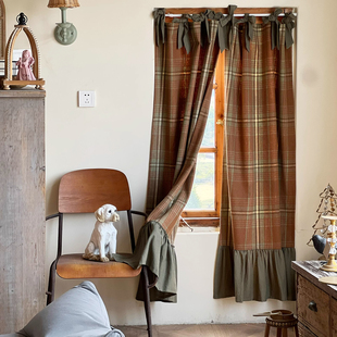 醇香美式咖啡复古绿窗帘门帘遮挡帘加厚毛呢空调帘系带免打孔帘