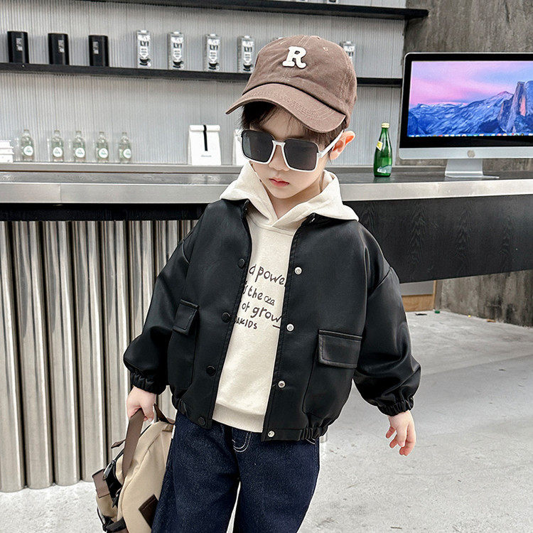 品牌专柜男童皮衣加卫衣两件套装春秋韩版儿童纯色痞帅宝宝洋气潮