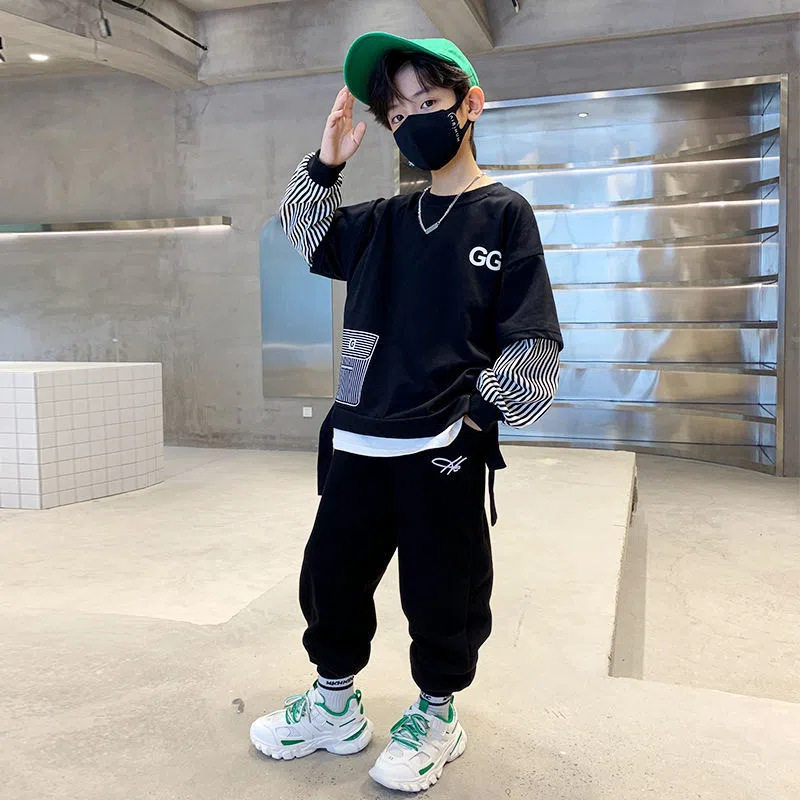 品牌专柜2025男童长袖卫衣童套装春秋款新款帅气时尚网红假两件潮